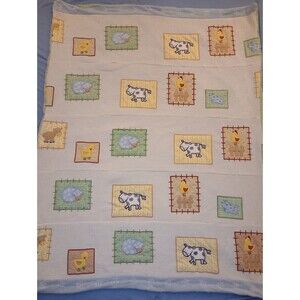 Vintage Handmade Baby Blanket Quilt Farm Animals, Unisex, 53" X 41" Patch, Stamp